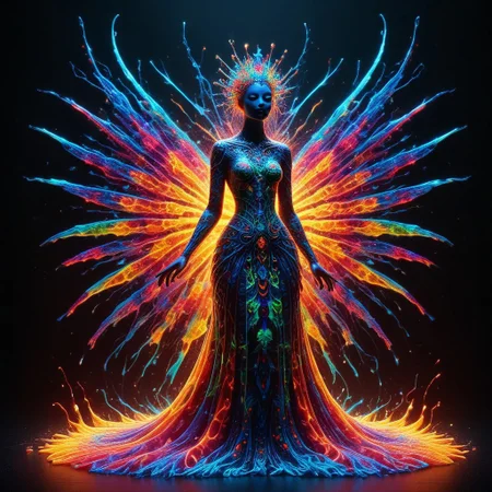 a full body fire entity with multicolored flames, professional photography of an fantastical warrior princess entirely made of cyberflies with whimsical elements, swirling magic, eerie fairytale landscape, elaborate fantasy style art, very colorful, intricate details, ultra sharp, exquisite detail, flawless composition, vivid colors, masterpiece, exciting background, TAS, TASvisuals, Psychedelic , Rave, Elaborate , Blacklight , Vibrant , cyberflies, black light paint, blp, Colorful Chaos Cracks and Drops, mad-glowtiedye, made out of,colorful,liquid,Murano Art Glass