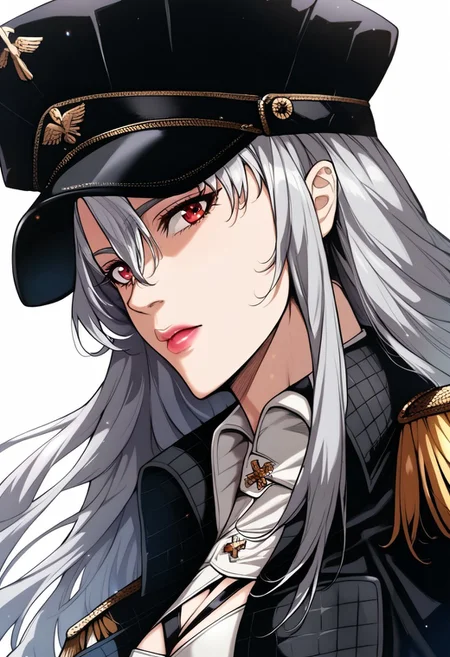 detailed face, detailed eyes, high resolution, intricate design, sharp edges, smooth, high detailed, god level, good proportions, detailed fingers
(Elnore, 1girl, cleavage, red eyes, pink lips, long hair, grey hair, bangs, Military Black hat, peaked cap, black gloves, white shirt, black skirt, black corset, epaulettes, black coat, military uniform, belt, thicc thighs)
looking at viewer, standing, side view, thighs up, close up, show thighs
score_10, score_9, score_8, 1girl, solo, alone
white background