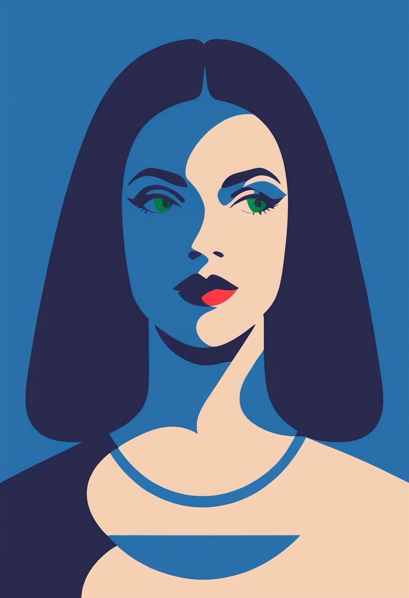 vztdzsxx, a flat style vector illustration, 1girl, solo, shirt, medium breasts, jewellery,  blue theme, limited palette, black hair, green eyes, makeup, upper body, portrait, flat color, vector art, illustration, vector illustration, cel shading, simple coloring, score_9, score_8_up, score_7_up, score_6_up, score_5_up, score_4_up