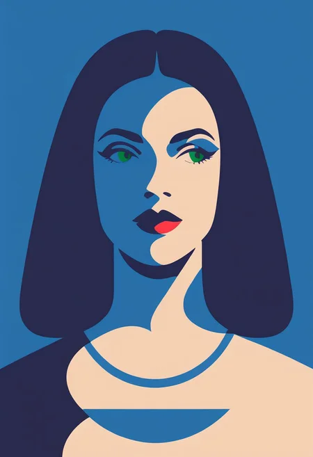 vztdzsxx, a flat style vector illustration, 1girl, solo, shirt, medium breasts, jewellery, blue theme, limited palette, black hair, green eyes, makeup, upper body, portrait, flat color, vector art, illustration, vector illustration, cel shading, simple coloring, score_9, score_8_up, score_7_up, score_6_up, score_5_up, score_4_up