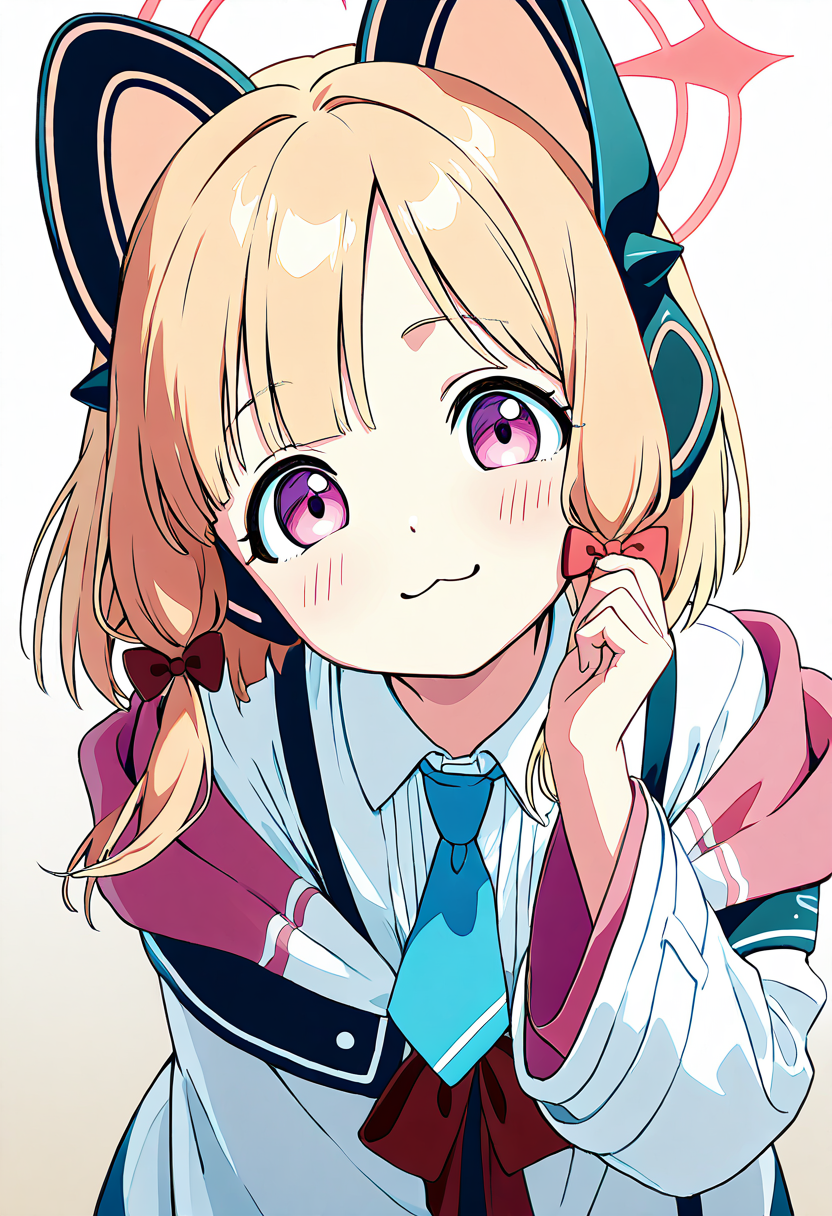 masterpiece, best quality, smile, looking at viewer,   zzMomoi, pink eyes, blonde hair, animal ears, fake animal ears, animal ear headphones, headphones, short hair, bow, halo, cat ear headphones, hair bow, red bow, pink halo, collared shirt, long sleeves, white shirt, blue necktie, white jacket, wide sleeves,  (upper body, leaning forward, head tilt), :3,    ,<lora:MomoiBlueArchiveIXL:1.0>,  <lora:CitronKuroStyle_IXL:0.5>,