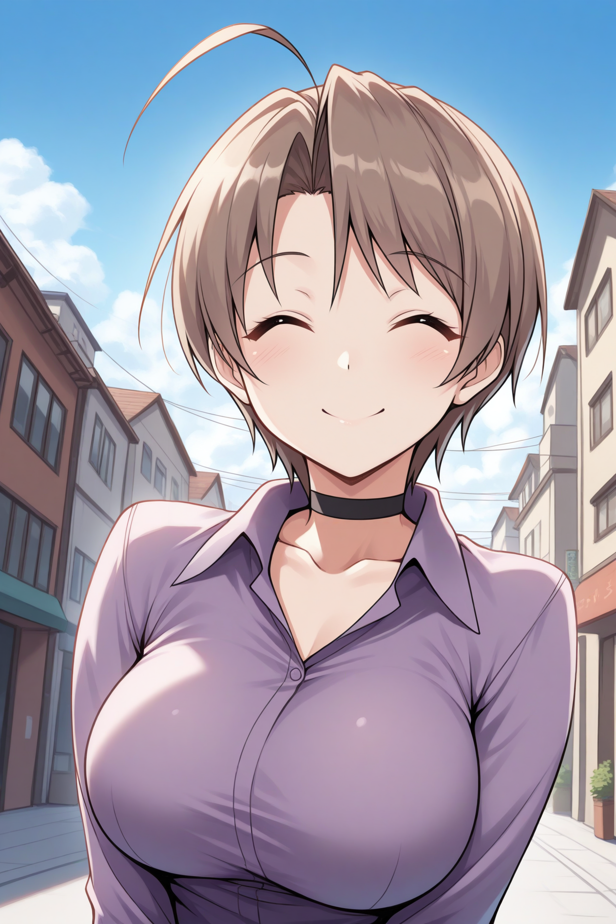 masterpiece, best quality, 1girl, solo,  <lora:konnomitsune-illu-nvwls-v1:1> knomt, brown hair, short hair, ahoge, large breasts, purple shirt, collarbone, long sleeves, upper body, looking at viewer, closed eyes, ^_^, happy, smile, city street, blue sky, clouds, collared shirt, collarbone, black choker