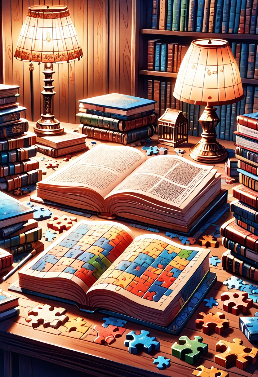 (absurdres, best quality, masterpiece:1.4), amazing quality, highres, newest, detailed, score_9, score_8_up, score_7_up, score_6_up, (puzzle_morph_rks:1.2), still life, tiffany lamp, (puzzle piece lampshade:1.2), colorful, books, desk, dark library background