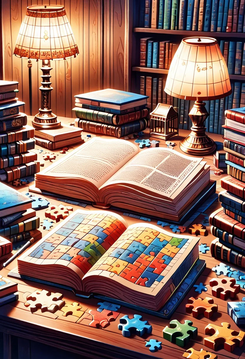 (absurdres, best quality, masterpiece:1.4), amazing quality, highres, newest, detailed, score_9, score_8_up, score_7_up, score_6_up, (puzzle_morph_rks:1.2), still life, tiffany lamp, (puzzle piece lampshade:1.2), colorful, books, desk, dark library background