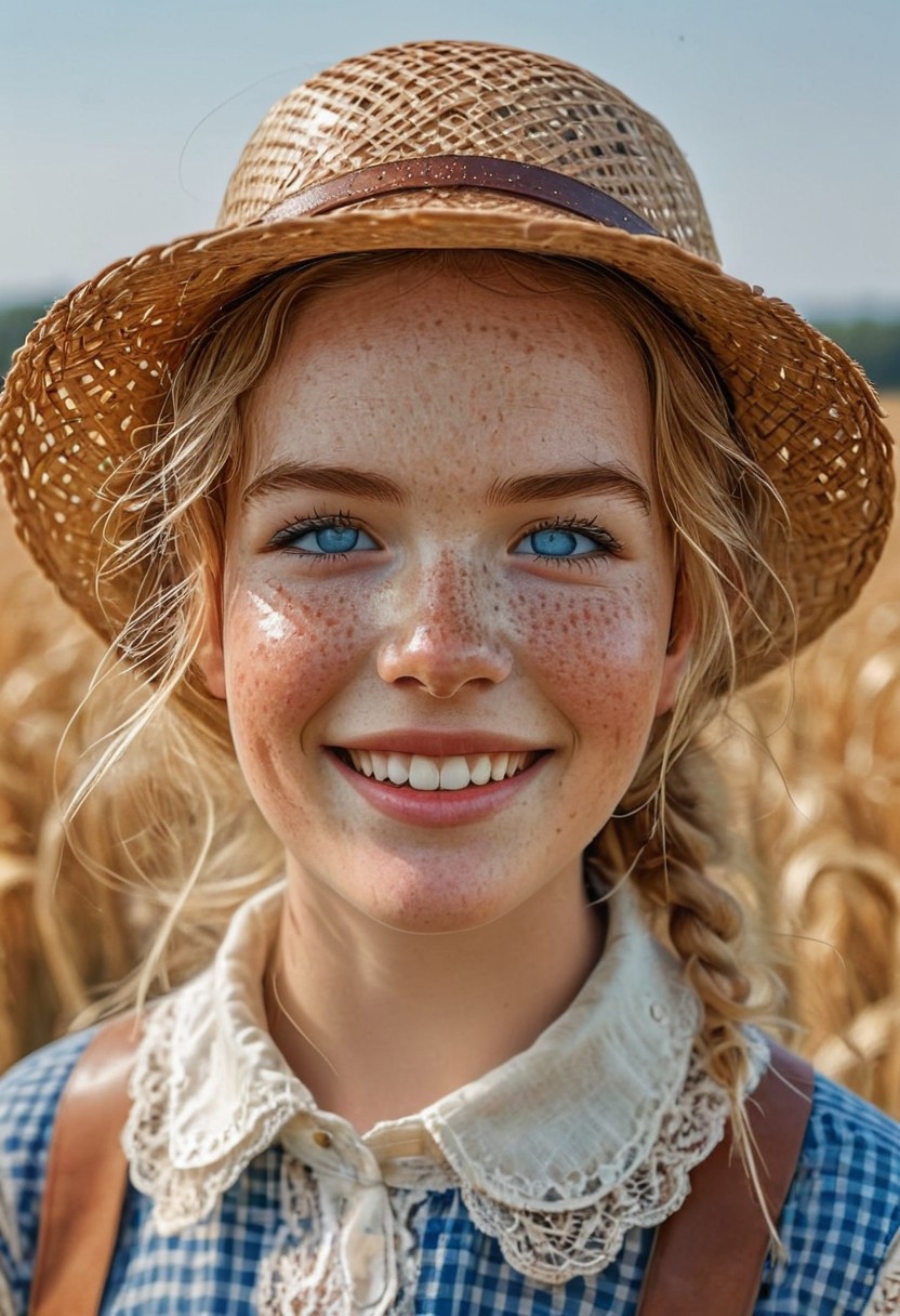 epiCRealism, 1girl, portrait of a farmer girl, bellissima, petit, slender, open smile, wearing leather apron over a checkered white and beige blouse, short sleeves, lace collar and lace on sleeves' rim, neck bow, messy and wavy blond hair, clean blue eyes, natural  beauty, no makeup, big eyes, freckles, large torn straw pointy hat , honest and cute face, wheat field being harvested in the background, hot summer day, sweat brow and temples, warm smile, parted lips, art by mooncryptowow, Detailed natural skin and blemishes without-makeup and acne