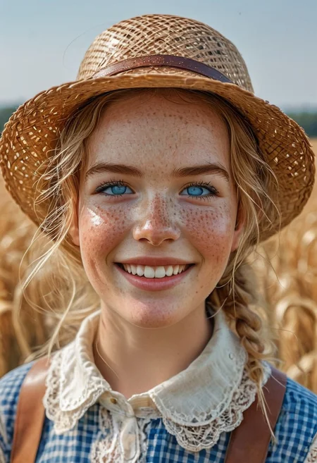 epiCRealism, 1girl, portrait of a farmer girl, bellissima, petit, slender, open smile, wearing leather apron over a checkered white and beige blouse, short sleeves, lace collar and lace on sleeves' rim, neck bow, messy and wavy blond hair, clean blue eyes, natural  beauty, no makeup, big eyes, freckles, large torn straw pointy hat , honest and cute face, wheat field being harvested in the background, hot summer day, sweat brow and temples, warm smile, parted lips, art by mooncryptowow, Detailed natural skin and blemishes without-makeup and acne