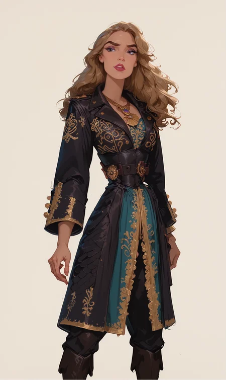 <lora:Disney_Style:.9> <lora:princess_xl_v2:.75> <lora:add-detail-xl:.9> <lora:g0th1cPXL:.3> <lora:Cherry-Gig:.45> <lora:Expressive_H:1> <lora:PLASTT_PonyV6:1> <lora:Elizabeth_Swann_ZairaSass_v1:1> score_9, score_8_up, score_7_up, zPDXL, DisneyRenstyle, score_9,score_8_up,score_7_up,score_6_up,
(white background, plain background, ambient light), (standing, full body),
1girl, solo, sexy 18 year old, british girl, (Elizabeth Swann, Pirate King), perfect face, beautiful face, defined cheekbones, defined jawline, light brown hair, thick hair, thick dark eyebrows, dark brown eyes, dark lashes, thin lips, nude colored lips,
confident expression, narrow eyes, one hand on hip, perfect hands, 5 fingers, slender waist, tall, slender, sexy, correct proportions, accurate height proportions,
black coat with decorative golden symbols, black leather underbust corset, black trousers, black boots, feet apart, legs apart,