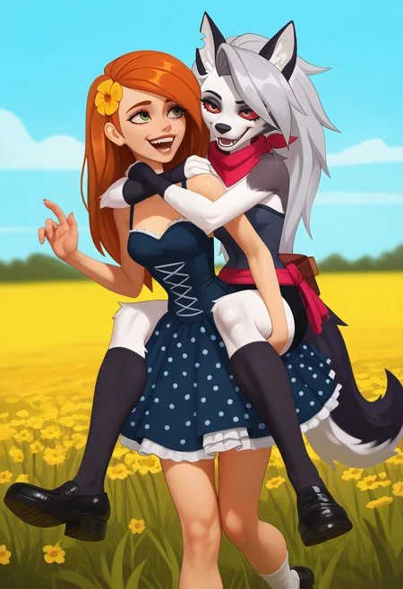 furry, animal ears, long snout, wolf girl, tail, furry female, wolf ears, loona, hellhound, claws, red eyes, wolf tail, breasts, medium breasts, (red sclera:0.8), (white eyes:0.8),(4 fingers:1.2), body fur, KimP, Kim Possible, long hair, orange hair, green eyes, small breasts, srhsrhshshs, srhsrhshshs, Dark Blue dress, fitted bodice, full circle skirt, petticoat underneath, polka dot pattern, saddle shoes, scarf tied in hair, cat eye glasses,, evulchibi_style,, 2girls,piggyback,carrying,laughing,arms_around_neck,outdoors,field,flower,day,summer,,<lora:Illustrious\Artstyles\Evulchibi Style.safetensors:0.9:0.9> <lora:Illustrious\Detailing\NoobAI-XL Detailer v1.0.safetensors:0.33:0.33> <lora:Illustrious\Detailing\Lighting Adjustment.safetensors:0.45:0.45>, <lora:Illustrious\Characters\Kim Possible (for testing 2).safetensors:0.56:0.56>, <lora:Illustrious\Characters\Loona (WaifuChef VPred).safetensors:0.52:0.52>