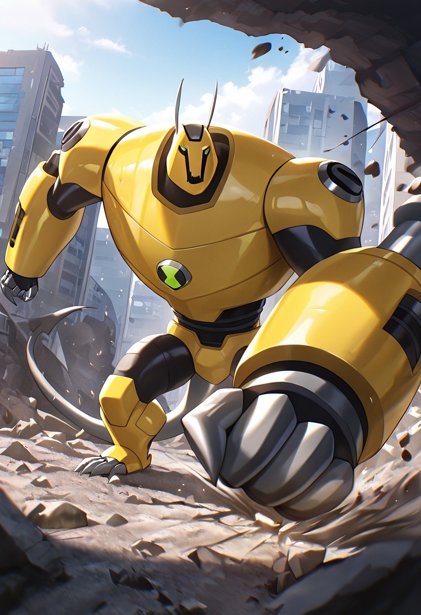masterpiece, best quality, amazing quality, very aesthetic, absurdres, newest,, detailed background, 
armadrillo, robot, claws, yellow armor, grey tail, antennae, green eyes, massive arms, yellow helmet, mecha
destroyed city, falling rocks, earthquake, daytime, punching ground,