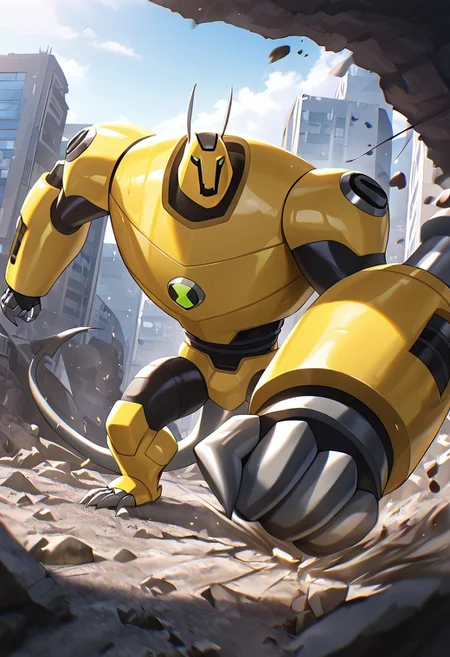masterpiece, best quality, amazing quality, very aesthetic, absurdres, newest,, detailed background, 
armadrillo, robot, claws, yellow armor, grey tail, antennae, green eyes, massive arms, yellow helmet, mecha
destroyed city, falling rocks, earthquake, daytime, punching ground,