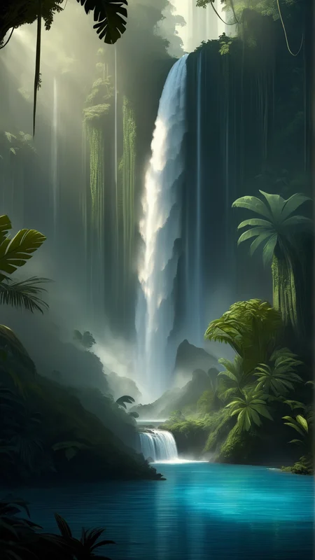 fantasy, archaeology theme, <lora:ExpeditionStyleXL:1> ExpeditionStyle a breathtaking waterfall surrounded by a lush tropical rainforest