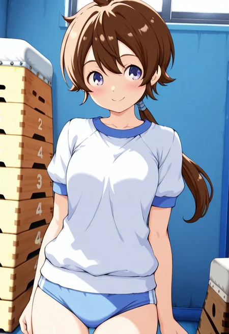 masterpiece,anime_coloring,anime_clothing,best quality,Tokia_DMO, 1girl, gym uniform,light blue buruma,solo, brown hair,long ponytail,blush,smile,gym storeroom.