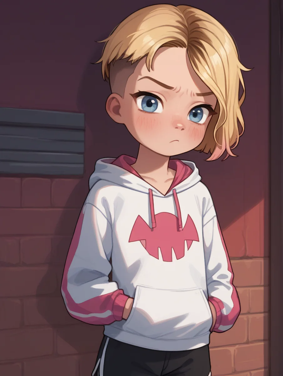 score_9,score_8_up,score_7_up,score_6_up,score_5_up,score_4_up,
1girl, solo, possmach, pretty, slim, slender, petite, asymmetrical hair, side cut hair, gwenstacysdxl, blonde hair, blue eyes, hoodie, black shorts, blushing, looking at viewer, pouting, bored,
<lora:GwenstacySDXL:1>
<lora:1StS_age_slider_v1_initial_release2:-4>
<lora:PossumMachine_v2:1>