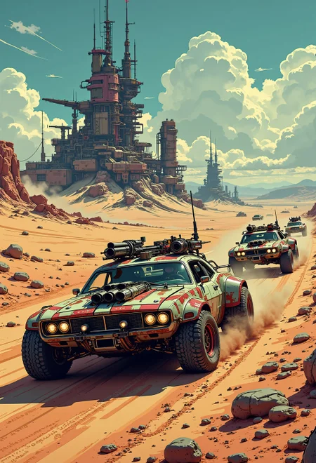 <lora:ck-nc-pastel-cyberpunk:1.0>, A digital artwork in the style of cknc, mad max fury road race in a vast dystopian desert, the cars are out of rusty metal and adorned with heavy weaponry, collosal scale scifi buildings in the far background