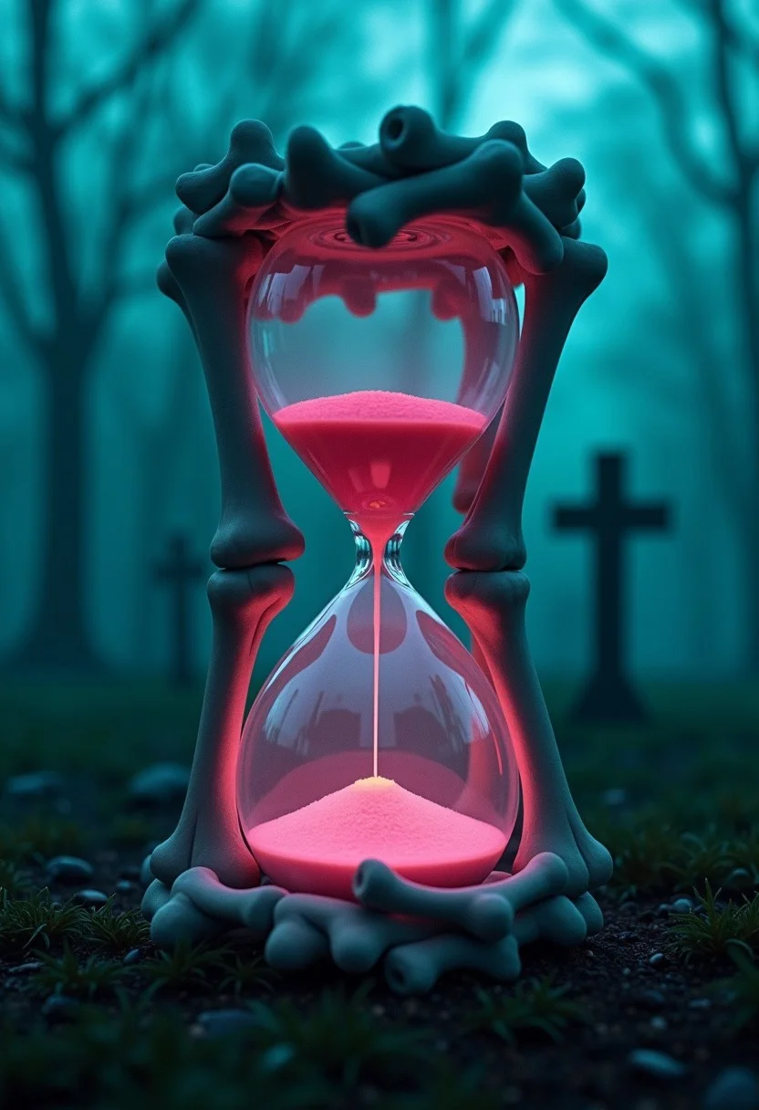 A hauntingly beautiful hourglass made entirely of delicate bones, standing alone in a dark graveyard at night. The eerie teal fog hovers around it, adding to the eerie pink atmosphere. This striking image is a digitally enhanced cinematic retrowave photograph, showcasing the intricate details of each bone and the ethereal glow of the fog. The bones are intricately carved, with a ghostly luminosity emanating from within. The composition is expertly crafted, drawing the viewer in to contemplate the passage of time in this eerie setting.