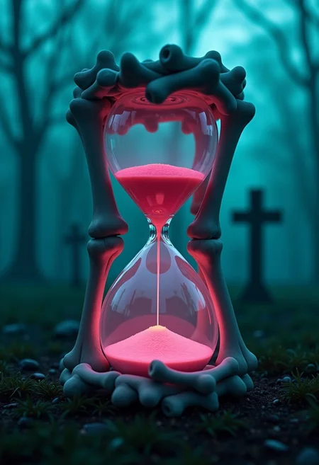 A hauntingly beautiful hourglass made entirely of delicate bones, standing alone in a dark graveyard at night. The eerie teal fog hovers around it, adding to the eerie pink atmosphere. This striking image is a digitally enhanced cinematic retrowave photograph, showcasing the intricate details of each bone and the ethereal glow of the fog. The bones are intricately carved, with a ghostly luminosity emanating from within. The composition is expertly crafted, drawing the viewer in to contemplate the passage of time in this eerie setting.