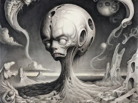 <lora:sur-mono_XL:1>, sur-mono_XL, monochrome, line sketch, surrealistic, in the style of Jason Limon