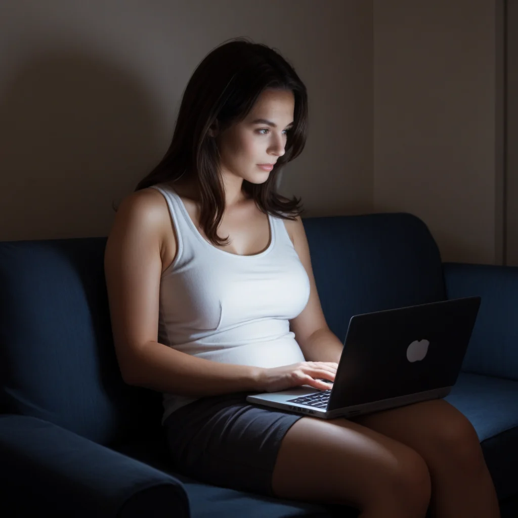 score_9, score_8_up, score_7_up, score_6_up, score_5_up, score_4_up, zPDXL2,source_anime,rating_questionable,solo, 1girl, <lora:Illuminated_By_Screen:0.8> Scr33nLum, sitting, dark,indoors, shadows, harsh lighting, night time, cowboy shot,tank top, couch, laptop, long hair, mature woman,