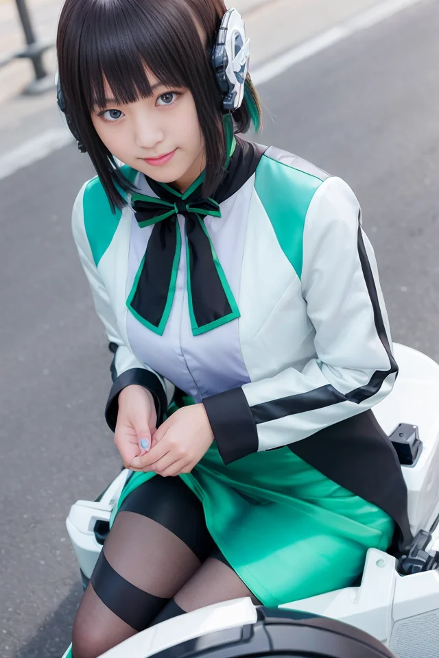 1girl,  izu, izu_uniform, humagear, humagear_headset, headphone, realistic, skirt, solo, sitting, best quality, photorealistic, masterpiece, 8k, high res, solo,  (((woman))), (medium breast), ((looking at the viewer)), (looking at the camera:1), (short hair), bob hair, (professional lighting, bokeh),top angle view, extremely detailed face,  fashionable and trendy atmosphere, japan, street, tokyo,  factory, ((daytime)), (portrait:0.6), seductive smile,  gorgeous, floating hair, (light particles, lens flare, glowing particles:0.6), (dynamic pose:1.2), soft lighting, black hair,  full body, smile, camera,  blue eye, pantyhose, black nail,  suitcase, <lora:Izu:0.7>