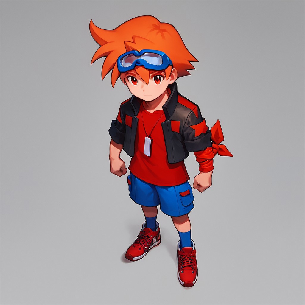 Koh, Digimon, male, boy, orange hair, red eyes, medium hair, spiky hair, blue goggles, red armband, closed mouth, perfect, perfection, solo, flawless, red armscarf, black jacket, red shirt, blue shorts, blue socks, red sneakers, pendant, digivice, phone, detailed faced, detailed eyes, detailed, good art, best quality, highest, quality, good anatomy, perfect anatomy, masterpiece, beautiful, insanely detailed, anime, well-drawn, BREAK, score_9, score_8_up, score_7_up, score_6_up