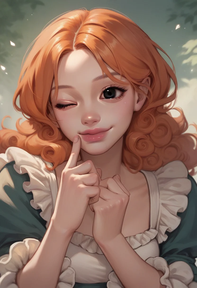 score_9, score_8_up, score_7_up, score_6_up, <lora:jelly_v0.5-pony:1> 
1girl, one eye closed, 
smile, closed mouth, lips,
orange hair, black eyes, frilled dress, finger to cheek,