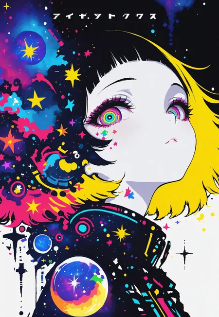 xxx667_illu, sometyome_illu, abstract, score_9, score_8_up, score_7_up, concept art, source_anime, extremely detailed, masterpiece ,amazing quality, intricate details , sometyome_illu ,xxx667_illu , white background, flat colors, flat style, trigger stars, beautiful girl, yellow highlights, fading, cosmic stars, short hair, hair obscuring eyes, dynamic pose, close up, white skin, solemn gaze, looking at viewer,