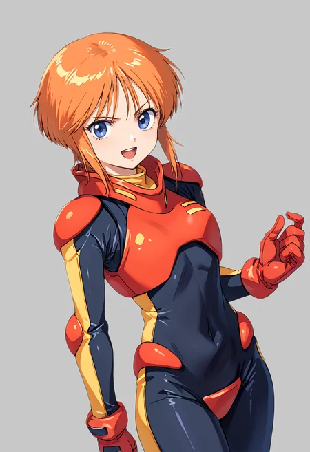score_9, score_8_up, score_7_up, source_anime BREAK 1girl, solo, zz_pletwo, <lora:zz_pletwo:1>, (1990s\(style)\:0.3), cowboy shot, armor, pilot suit, black bodysuit, red gloves, orange hair, short hair, sidelocks, dark blue eyes, v-shaped eyebrows, looking at you, smile, open mouth, simple background