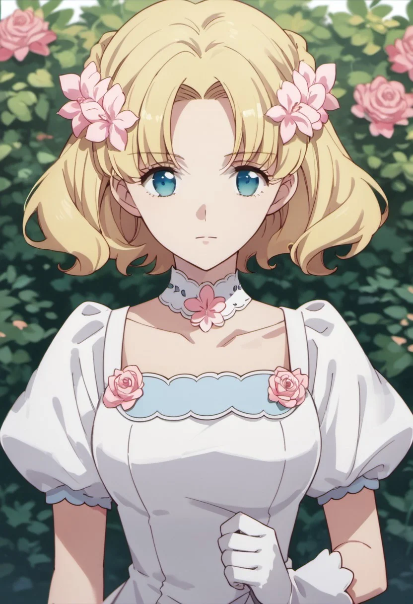 score_9, score_8_up, score_7_up, source_anime, maria campbell, blonde hair, short hair, blue eyes, 1girl, solo, flower, gloves, hair flower, hair ornament, dress, choker, white gloves, short sleeves, white dress, upper body