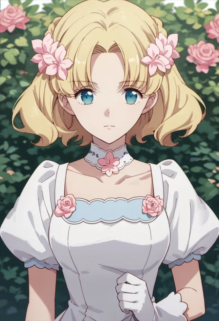 score_9, score_8_up, score_7_up, source_anime, maria campbell, blonde hair, short hair, blue eyes, 1girl, solo, flower, gloves, hair flower, hair ornament, dress, choker, white gloves, short sleeves, white dress, upper body