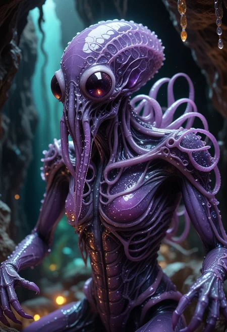 (medium full shot) of (captivating hybrid creature) with translucent gradient purple skin, exoskeleton plates, tentacle fingers, compound eyes, tentacles, glowing veins, insectoid antennae, in set in a magical cavern, with clusters of vibrant crystals in every shade, their facets catching the light and creating a shimmering, enchanting environment, at night, Masterpiece,best quality, photo, realistic, very aesthetic, detailed face,