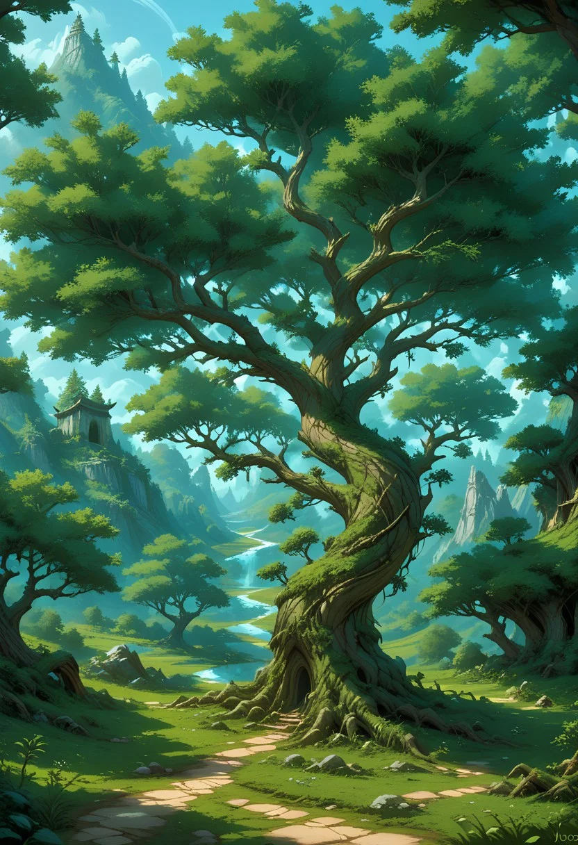 score_9, score_8_up, score_7_up, solo, yggdrasil, the world tree, The Great Tree, sentient tree, elven details, Giant oak tree, ancient tree, magical tree, massive tree, magical gems, nature background, embedded face, symmetrical branches, neutral good alignment, dungeons and dragons, highly detailed, dnd, semi-realistic, IBG