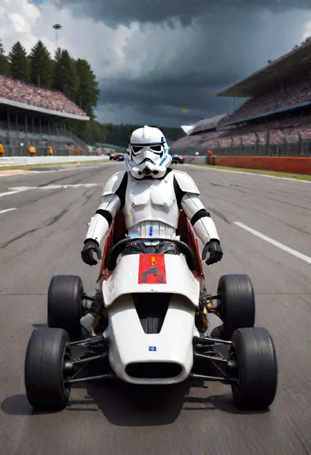 storm trooper driving a formula 1 speeder