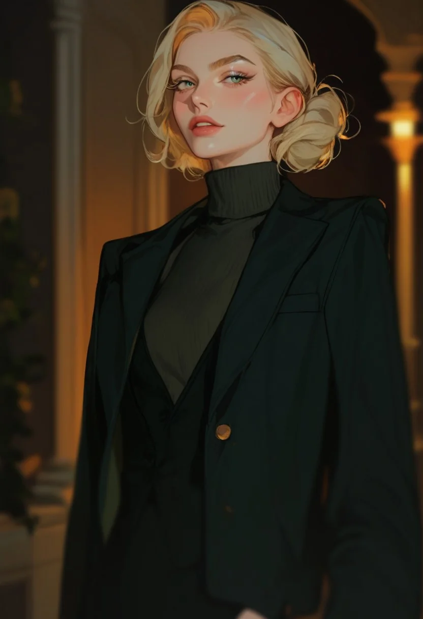 score_9, score_8_up, score_7_up, score_6_up, score_5_up, score_4_up,1girl, turtleneck sweater, black sweater, pale skin, semi-realism, medium breasts, tight clothes, dark narrow corridor, black latex gloves, formal suit, black suits, blonde hair, great artist, 8k, black formal jacket, shadows, cinematic scene, depth of field, long eyelashes, sharp eyebrows, sexy, seductive, Noise effect, old movie effect, old time,