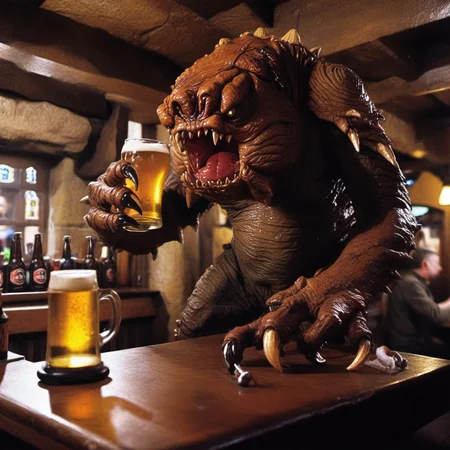 monster, claws, sharp teeth, having a beer in a pub <lora:Rancor1024:0.8>
