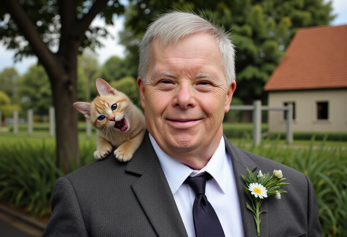 an HD whole-body photo where a dapperly dressed fit elderly man with Down syndrome is in a transformation to an animal. No watermark, no signature.