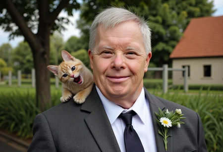 an HD whole-body photo where a dapperly dressed fit elderly man with Down syndrome is in a transformation to an animal. No watermark, no signature.