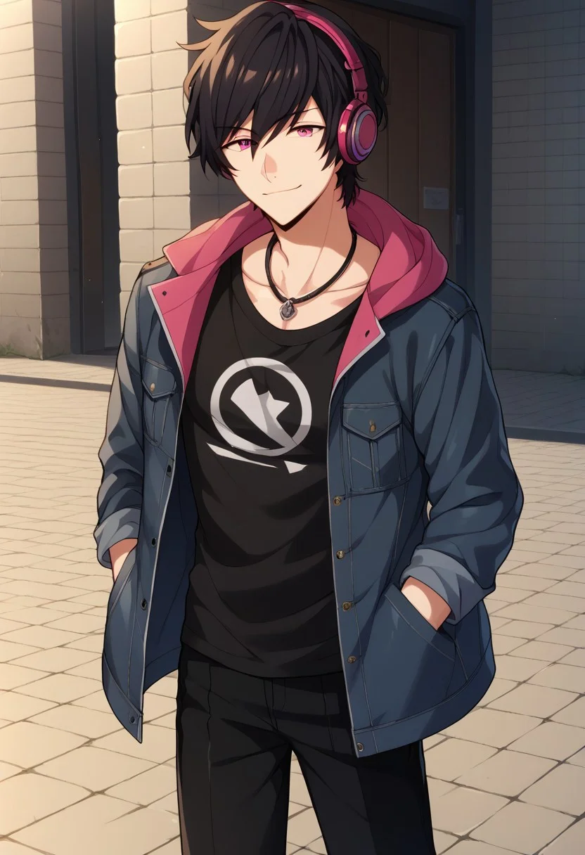 score_9, score_8_up, score_7_up, source_anime, highly detailed, 
faithbeams, 1boy, male focus, solo, headphones, black hair, shirt, jacket, pink eyes, necklace, jewelry, upper body, hand in pocket, smile, black shirt,  looking at viewer, pants, hood, black pants, boots, knee boots, off shoulder,
outdoor,