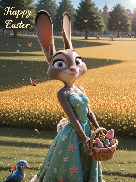 <lora:princess_xl_v2:0.4>, <lora:Furry_realism_V3:0.4>, <lora:Zootopia:0.3>, <lora:Judy_Hopps_-_Pochemu_style_Illustrious_V2.0:0.25>, <lora:Judy_Hopps_Zootopia_Illustrious_Edition:0.25>, <lora:Anthro_Furry_Lora_Juddy_Hopps_Zootopia:0.25>, <lora:hoppsJudyztIL:0.25>, 1girl, Judy_Hopps,  furry, easter_bunny, floral lowcut dress, looking at viewer, smile, (English text "Happy Easter"), holding basket of chocolate eggs, flowery field, bird, butterfly, beautiful lighting, highly_detailed, highres, best quality, kftenhance
