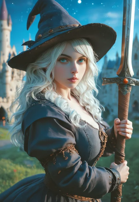 safe_pos, young woman, solo, Looking at viewer, Masterpiece a stunning female witch, ((full clothed witch outfit with armor, witch hat)), Blue eyes, long bob white hair with bangs, Dynamic action pose,
(Holding a huge sword:1.5)
Background: (Medieval castle, night sky: 1.9)
score_9, score_8_up, score_7_up, score_6_up, source_cartoon, rating_explicit, Expressiveh, (((((upper body))))), dynamic pose
<lora:Dynamic Poses:1>
<lora:detailed_notrigger:1>
(((full clothed)))