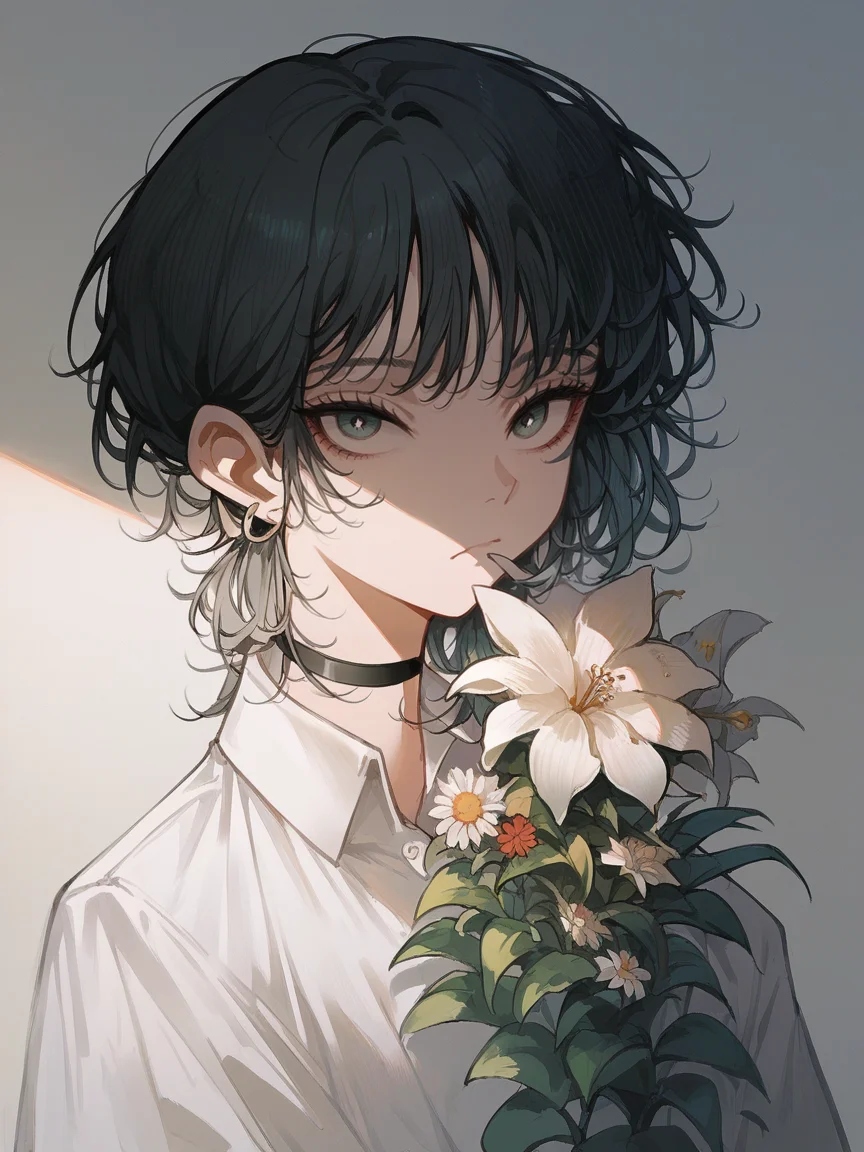 score_9, score_8_up, score_7_up, score_6_up, score_5_up, <lora:JohnKafkaXLP:1> john kafka, 1girl, flower