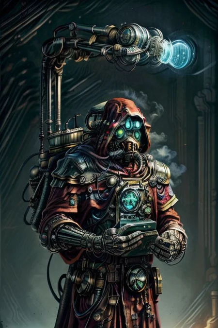((masterpiece,best quality)), absurdres, BREAK
mechanical arms, robes, hood, BREAK
((techpriest)), cyborg, mechanical face, mechanical limbs, gas mask, mechanical tentacles, (mechanical backpack), green cloak, BREAK
1other, solo, holding skull, BREAK
(CircuitBoardAI),