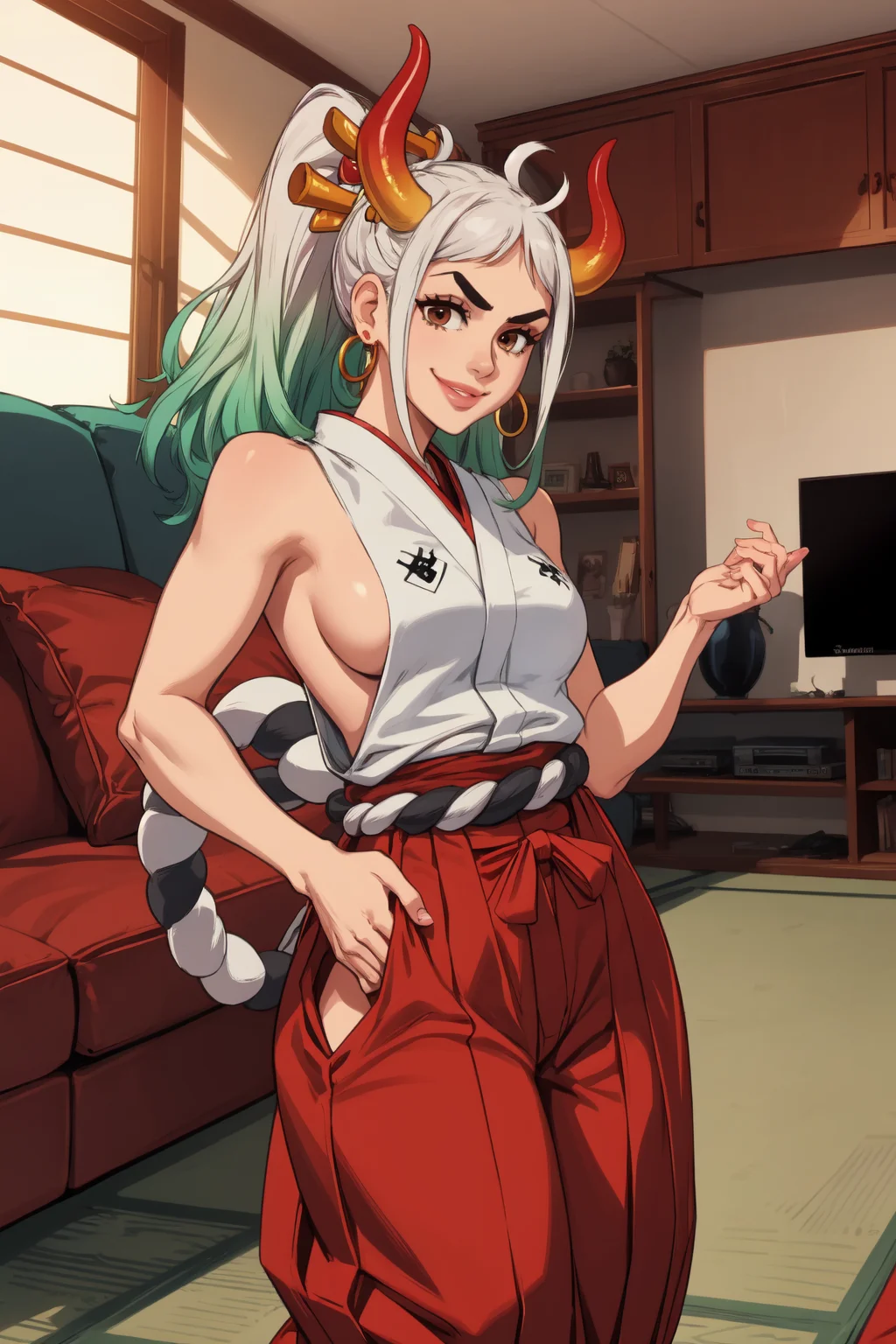 1girl, (solo:1.2), (jumping:1.3), (mid air:1.3), (cowboy shot:1.5), smile, happy, (masterpiece:1.3), (best quality:1.3), (perfect anatomy:1.4), highly detailed, <lora:Yamato [yamatochan - v1.2]:0.6>, <lora:Yamato [nochekaiser881 - v1.0]:0.8>,  yamatowanpi, yamato \(one piece\), yamato, ahoge, aqua hair, (brown eyes:1.5), curled horns, earrings, green hair, grey hair, hair ornament, hair stick, high ponytail, horns, long hair, multicolored hair, multicolored horns, oni, red horns, shimenawa, sidelocks, v-shaped eyebrows, (thick black eyebrows:1.4), very long hair, bare arms, bare shoulders, (red hakama pants:1.5), japanese clothes, rope, shimenawa, sideboob, sleeveless, (sleeveless kimono:1.4),, (living room scenery:1.4), inside, (comfy sofa:1.3), <lora:Feguimel [MockAi - v1.0]:0.8> feguimel, soft shading, realistic proportions