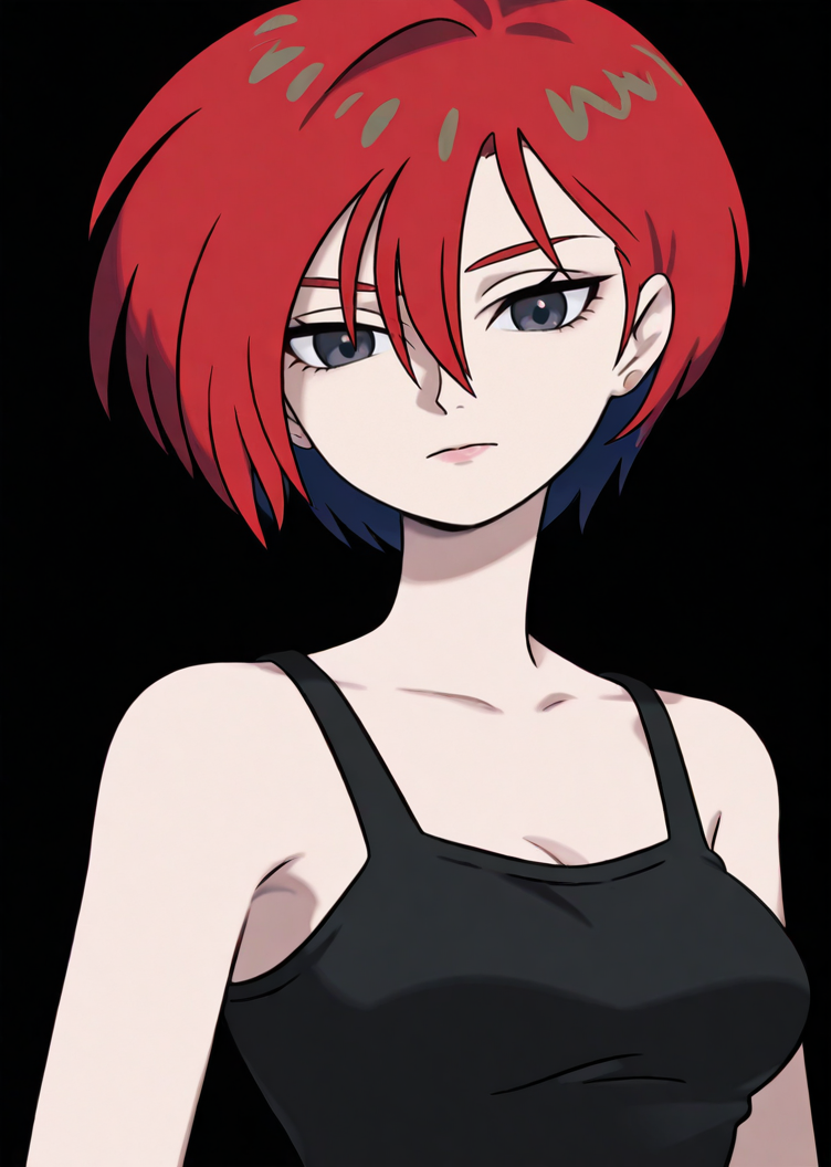 <lora:Ennil El iIlluLoRA:0.8> ennileldg, red hair, short hair, black tank top, portrait, <lora:Illustrious_take_Character_Design_style__ç«¹_Gundam_GQuuuuuX_Pokemon:2>, take_style,