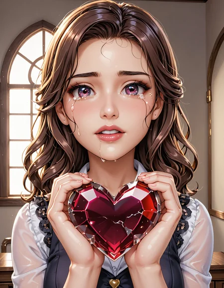 professional 3d model romantic style Victorian style <lora:Mymodel005-000002:1> Mymodel005, cute brunette!!, (masterpiece:1) (best quality) (detailed skin:1) (intricate details)(8k) (HDR),face front, front view, 18 years old, realistic ,standing, ((holding out a large shining broken shattered red glass ((half heart)) )), <lora:text2:1.3> text: "YOU" written on the heart, small taille;; ((sad, tears:1.5, crying:1));; . 19th century, ornate, romantic, highly detailed . emotional, dramatic, nature-focused, detailed . octane render, highly detailed, volumetric, dramatic lighting