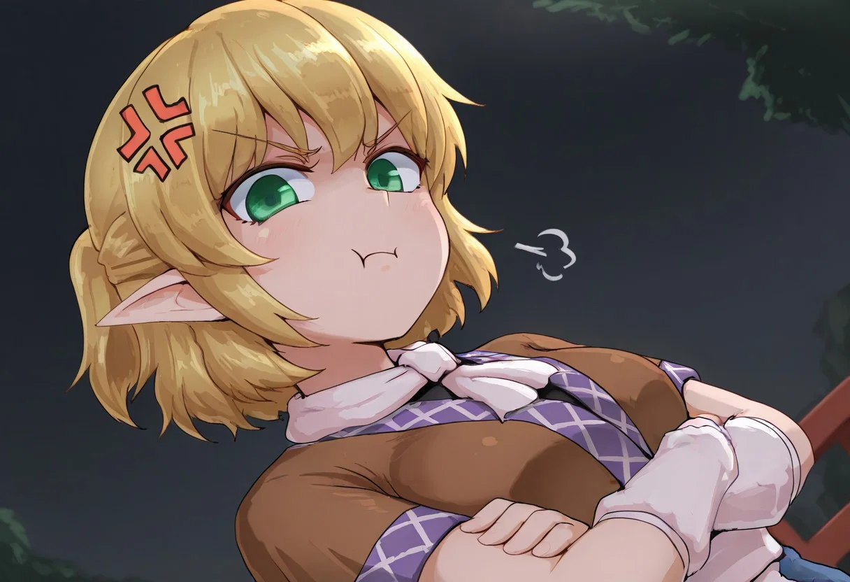 best quality, hires, from below, upper body, dutch angle,
1girl, solo, mizuhashi parsee, puff of air, looking at viewer, angry, angry vein, :t, crossed arms, outdoors,