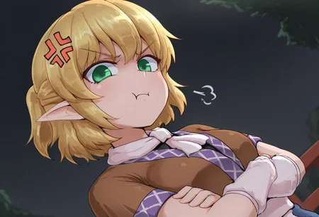 best quality, hires, from below, upper body, dutch angle,
1girl, solo, mizuhashi parsee, puff of air, looking at viewer, angry, angry vein, :t, crossed arms, outdoors,