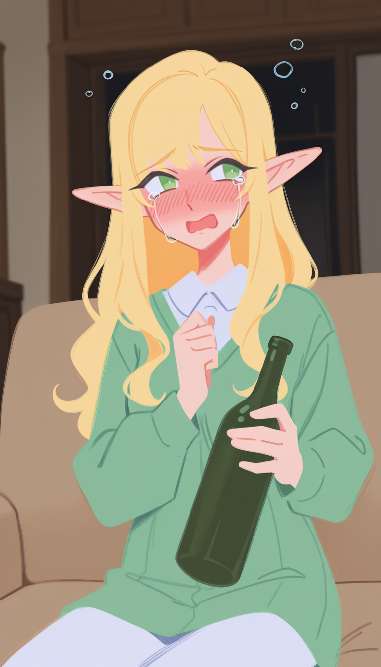 1girl, solo, blonde, elf, adult, getting drunk, crying, tears, flustered, sitting, holding bottle, indoors, living room, <lora:BrushlineStyle_IllustXL:1.1>, flat color,