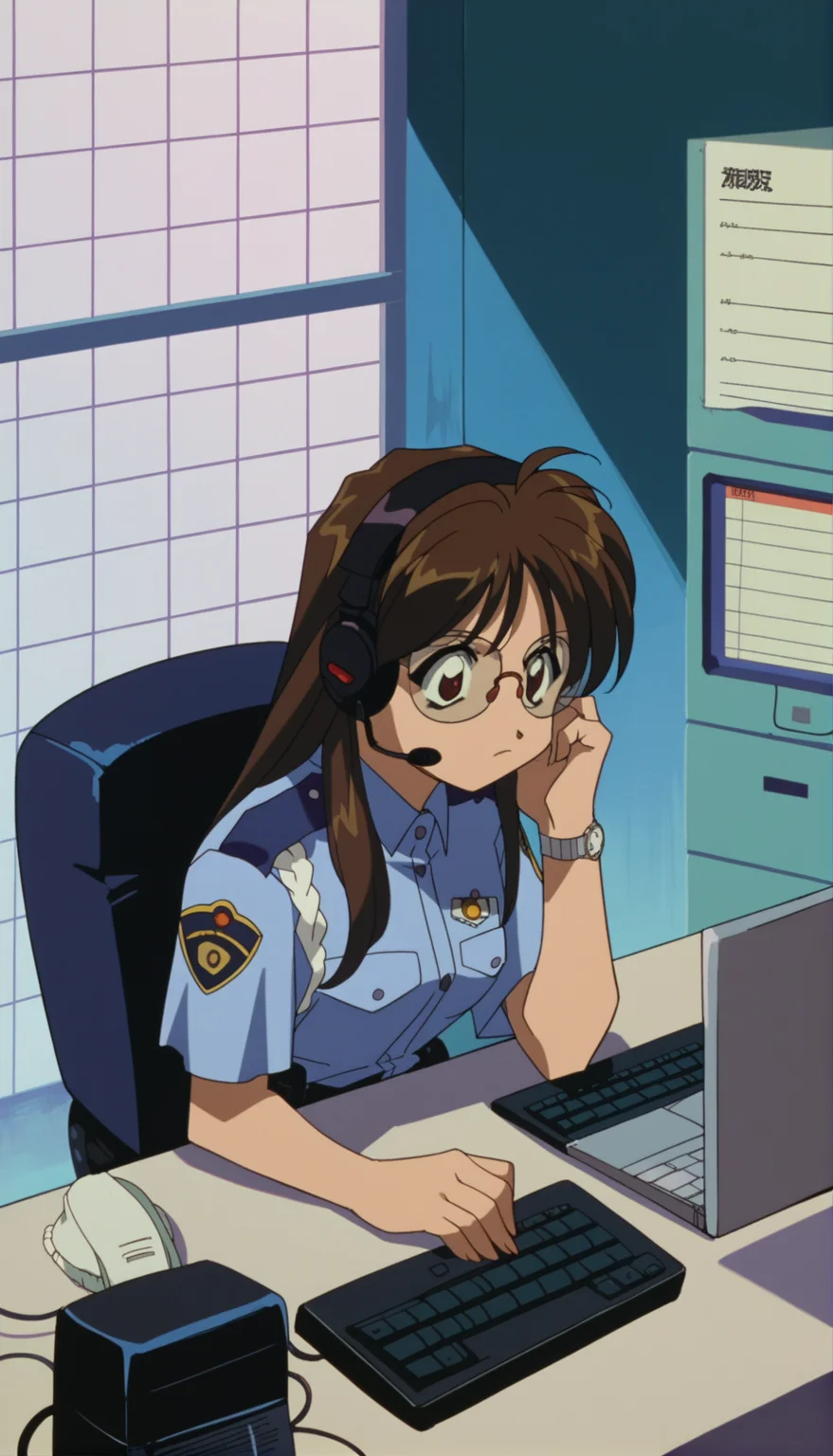 score_9,score_8_up,score_7_up,Nikaido Yoriko Pony,1girl,solo,uniform,brown hair,glasses,police,police uniform,headset,policewoman,long hair,computer,brown eyes,short hair,watch,retro artstyle,sitting,keyboard \(computer\),laptop,<lora:Nikaido Yoriko Pony:0.9>,
