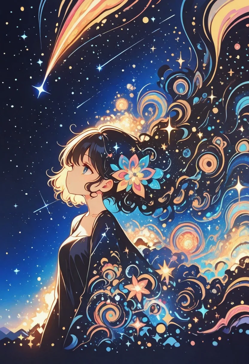 1 girl , starry sky , shooting star ,looking away ,constellation ,swirling , abstract ,shifting twisting ,
masterpiece, best quality ,amazing quality ,Bright_illu ,sparkle ,too many light particles,psyc0d3l1c ,Protoneon , sometyome_illu ,