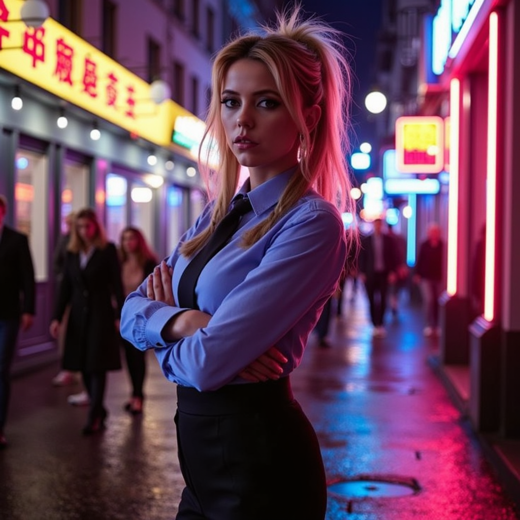 neon noir surrealist art a beautiful blond woman, wearing a secretary uniform, in an office <lora:Riley_Voelkel:1> rileyv . dreamlike, mysterious, provocative, symbolic, intricate, detailed . cyberpunk, dark, rainy streets, neon signs, high contrast, low light, vibrant, highly detailed